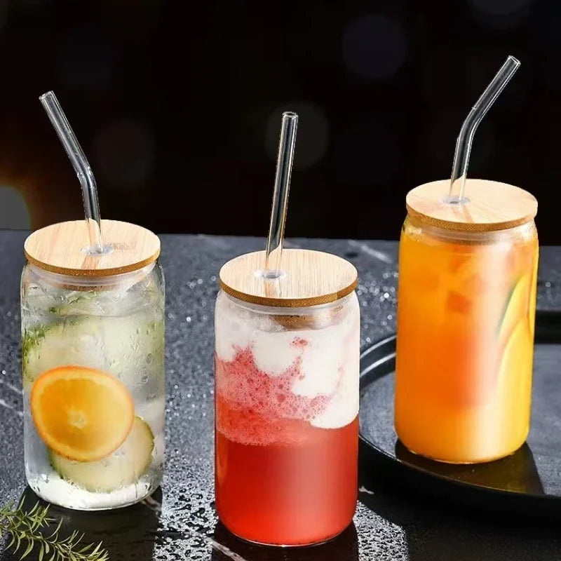 Glass Cup with Bamboo Lid and Straw